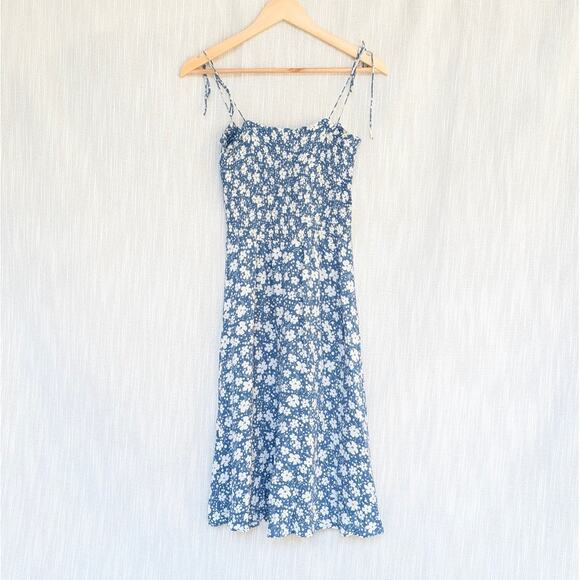 Reformation Blue Floral Print Crepe Sleeveless Square Neck Midi Dress, size M - Picture 1 of 10